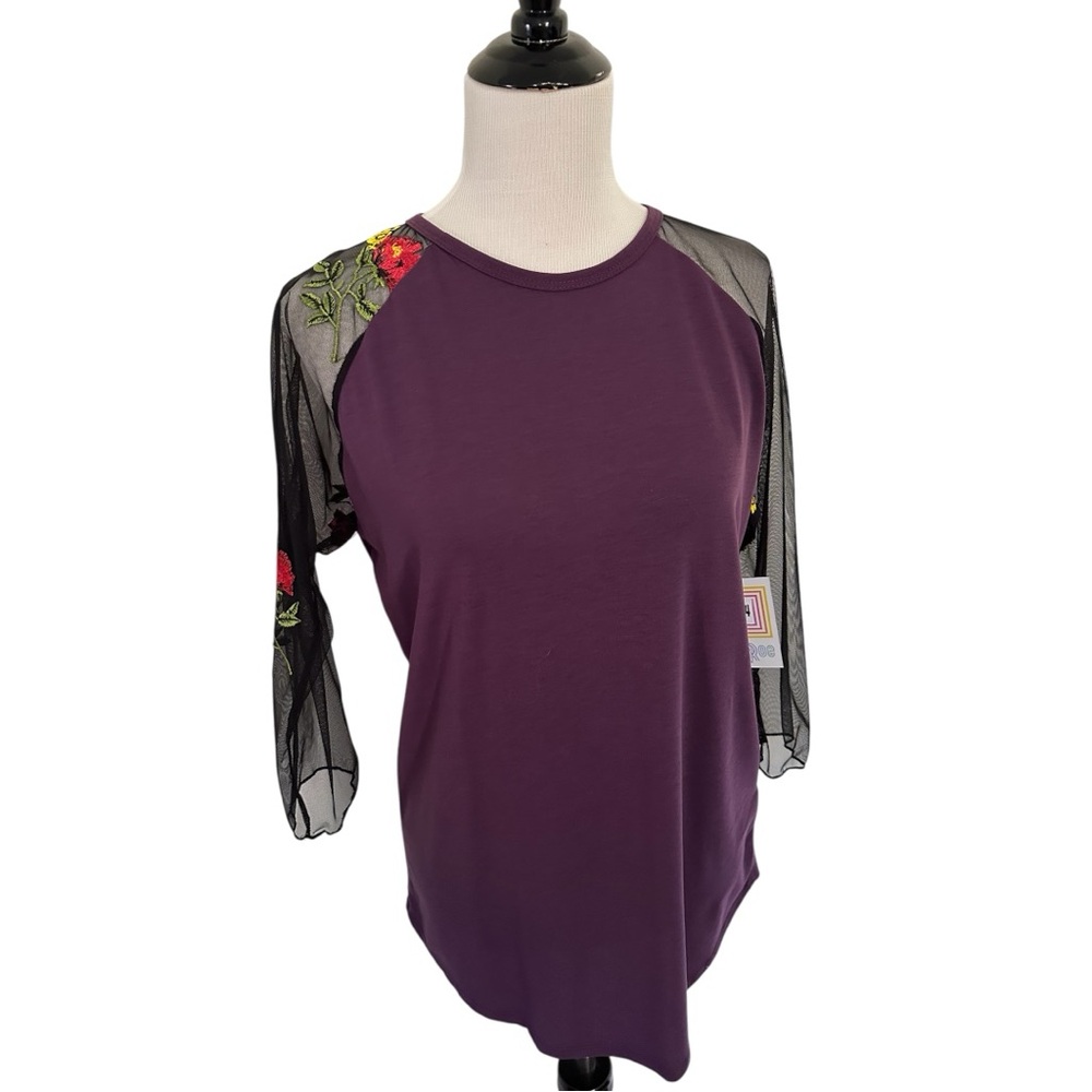 LuLaRoe Purple Randy Sz L with Sheer Mesh Embroidered 3/4 Sleeves New